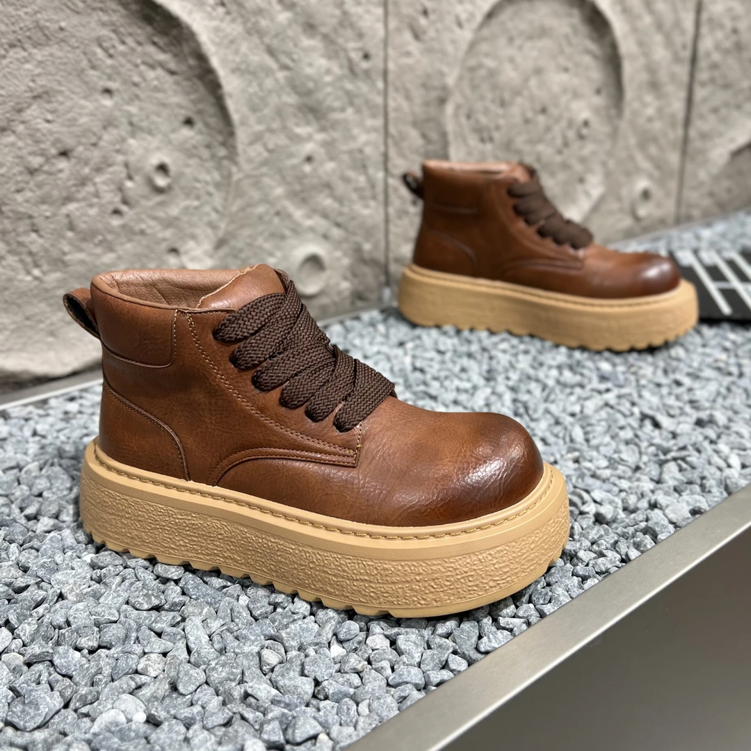 男靴秋冬季马丁靴单棉同款圆头极简风系带耐磨增高时尚百搭休闲鞋