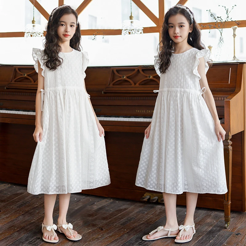 女童连衣裙夏季飞袖提花裙子2025新款中大童儿童小女孩洋气公主裙