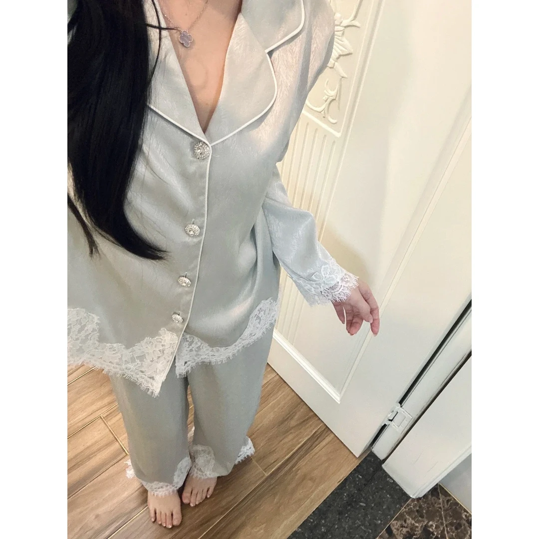 【蓝灰蕾丝边】2025高级感冰丝睡衣女春夏凉感长袖长裤家居服套装
