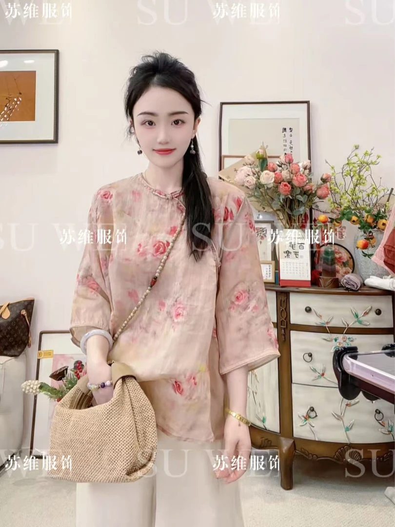 【蔷薇】苏维8081苎麻印花衬衫女春夏复古中国风文艺百搭小衫