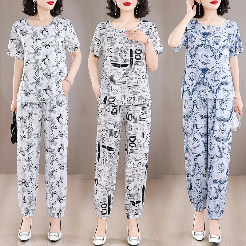 棉绸套装女士夏季短袖束脚长裤薄款夏天中老年人宽松清凉感家居服