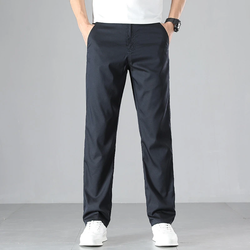高端天丝休闲裤男士夏季薄款直筒宽松男裤2025新款藏青色超薄裤子