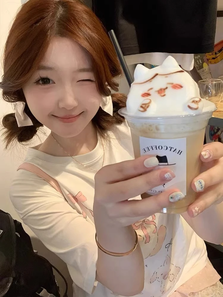 韩版ins甜美可爱猫咪印花短袖T恤女夏季卡通百搭时尚纯棉白色上衣