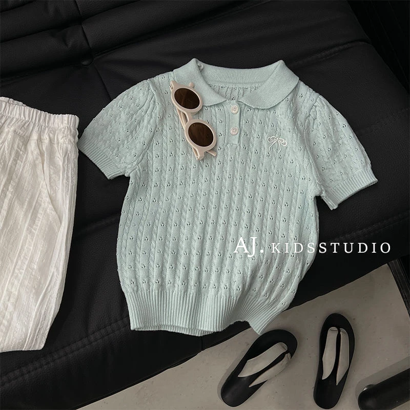 【芸豆家】女童夏季针织短袖洋气翻领女宝宝蝴蝶结针织T恤薄款上衣