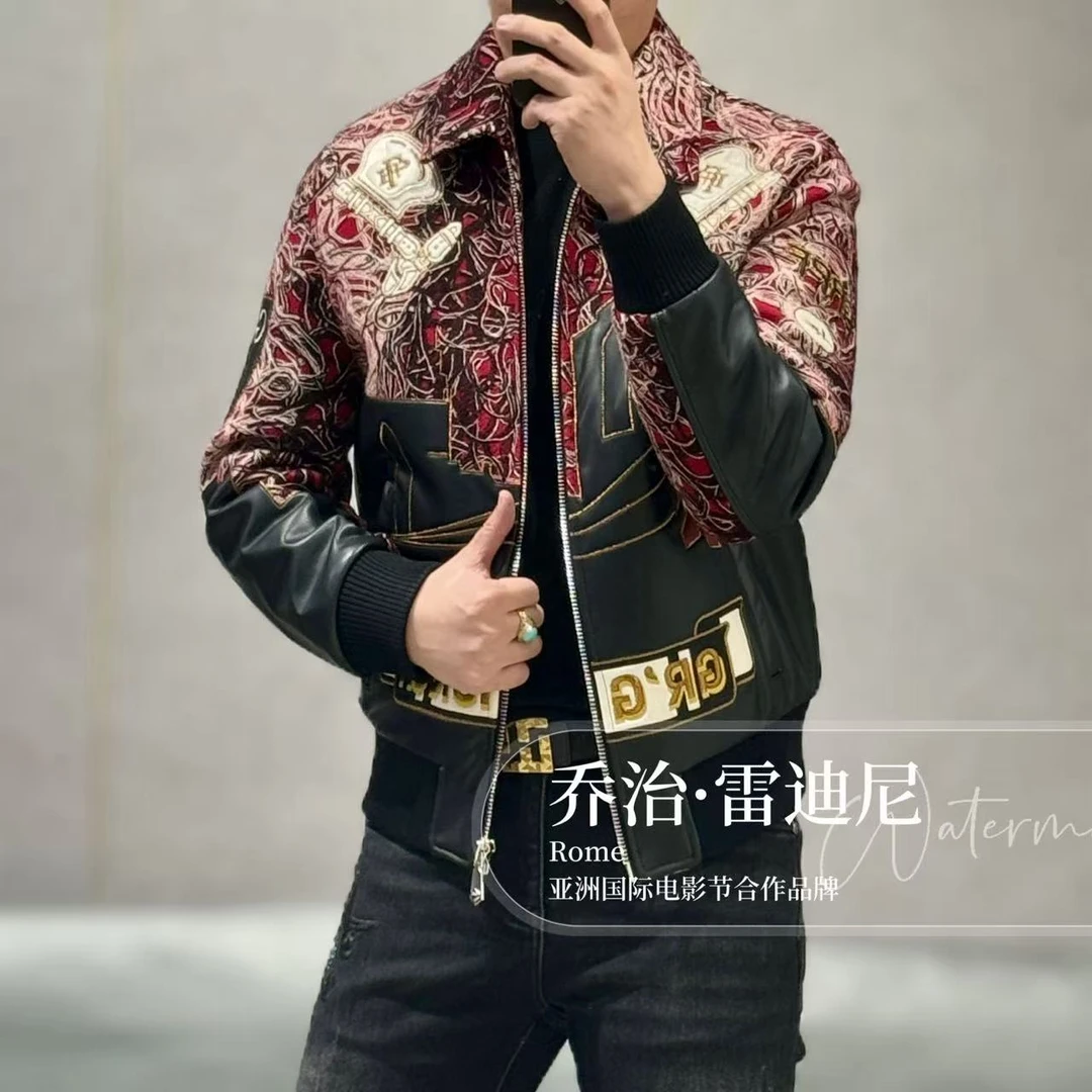 【乔治·雷迪尼】高端男士花纱飞织工艺真皮拼接夹克257141