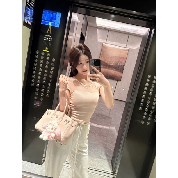 【Meng服饰】粉色网纱纯欲设计感修身圆领显瘦上衣+气质裤子