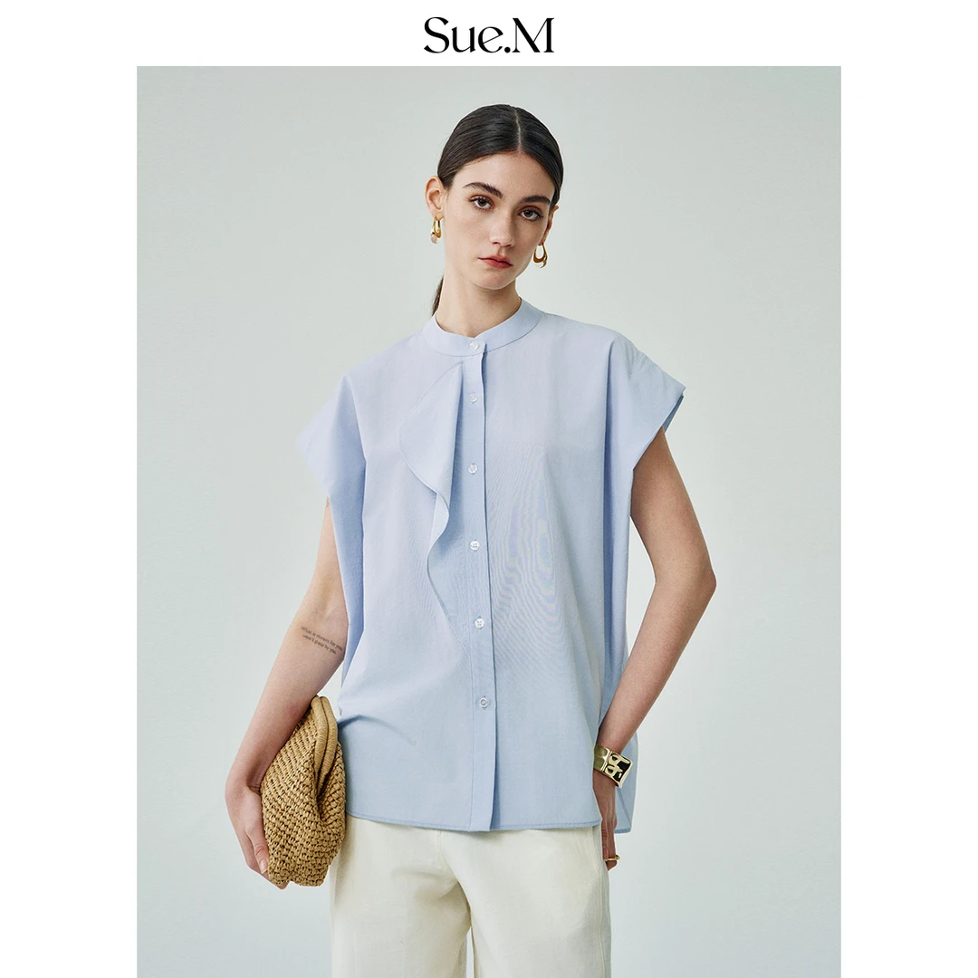Sue.m微落肩圆领蝙蝠袖蓝色衬衫女士2025夏季通勤短袖立领衬衣女