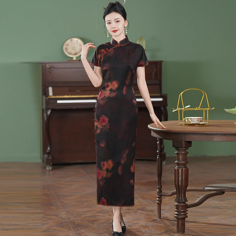 50姆米皮子重缎香云纱旗袍紫色古法手工妈妈中式复古优雅2025新款