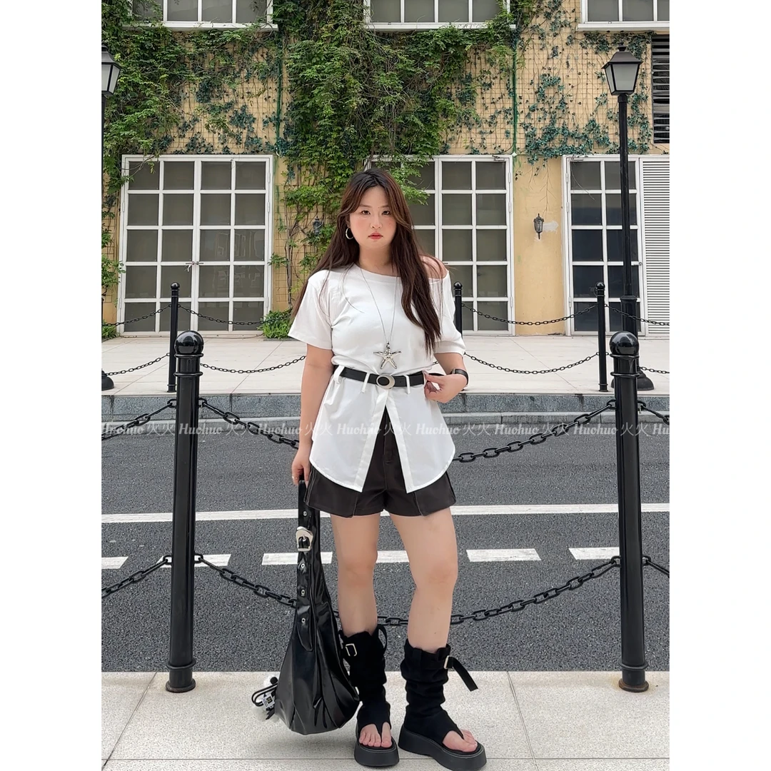 【现货】2025夏季新款韩版时尚休闲设计感洋气白色拼接腰带短袖T恤