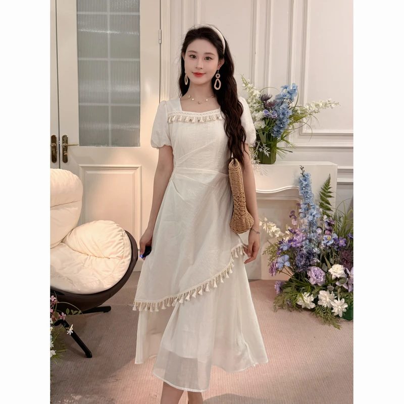 鹿向南-七月茉【海岸来信】法式流苏短袖女夏新款拼接长裙QYM002501