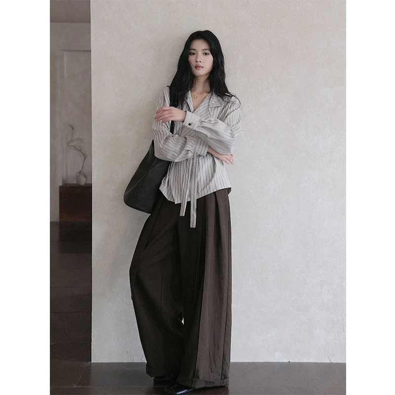 复古法式通勤百搭衬衣秋季高级设计感宽松条纹系带高领衬衫上衣女