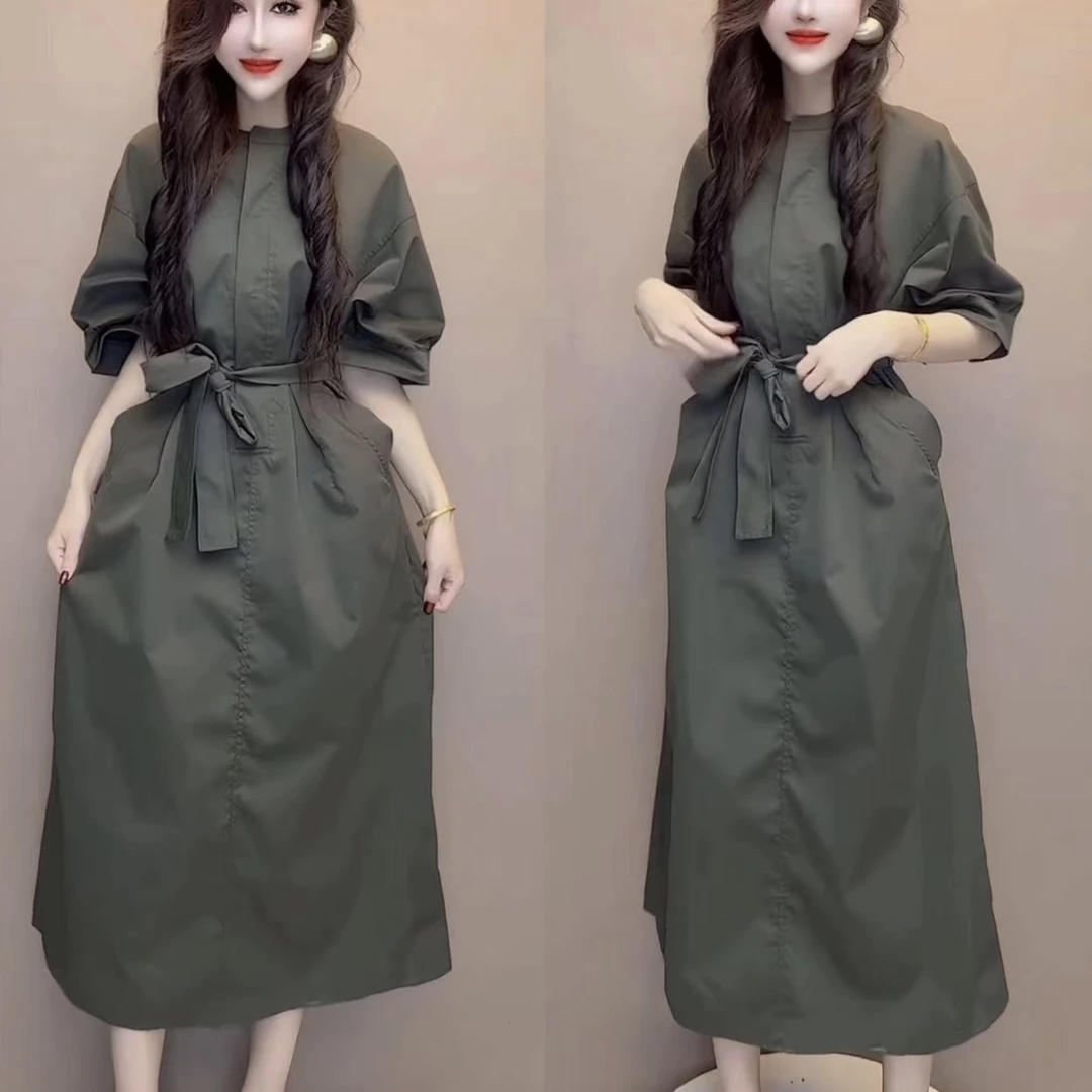 简约高级感秋季新款气质时尚宽松减龄系带收腰过膝长款遮肉连衣裙