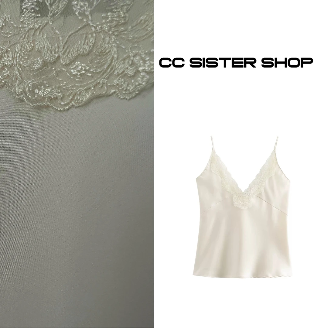 CC SISTER SHOP 高级感法式蕾丝装饰丝缎质感V领缎面吊带内搭背心
