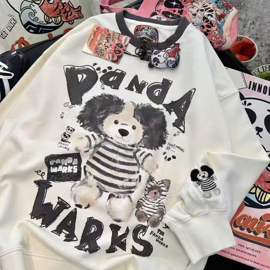熊猫纸袋[线条小棕熊] 美式复古撞色圆领卫衣-124