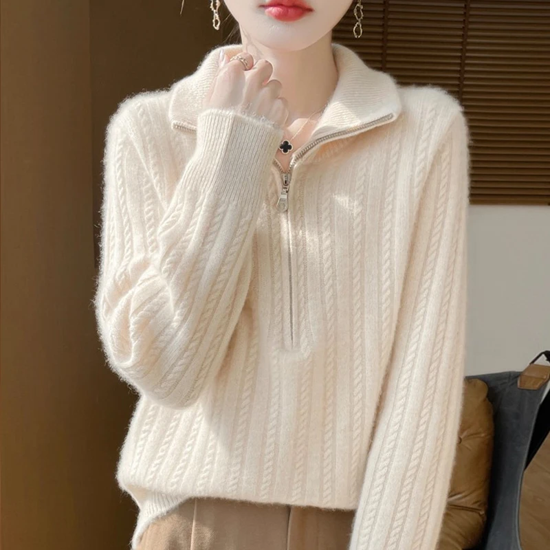 100纯羊绒衫女秋冬半拉链宽松加厚纯色针织打底衫时尚羊毛衫毛衣