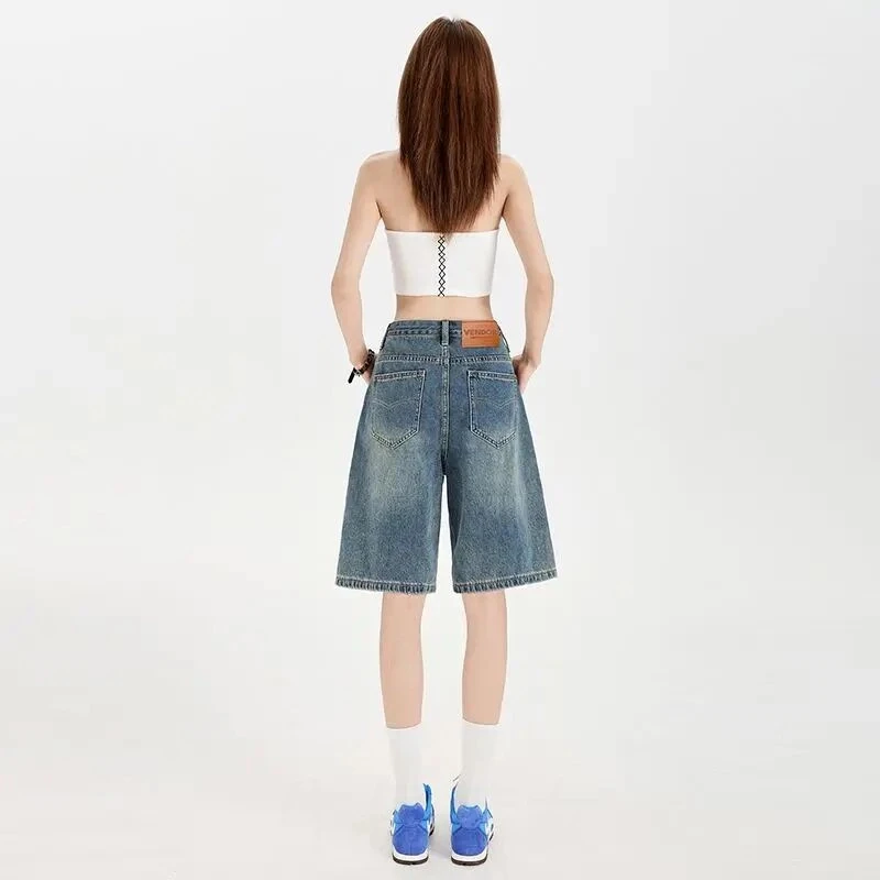 7261#休闲五分牛仔短裤女2025年夏季新款高腰宽松百搭显瘦阔腿裤
