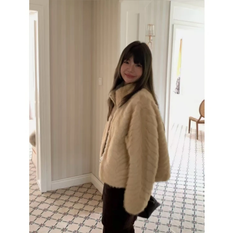 千金风气质立领斜纹环保皮毛一体外套女韩系高级感金叶貂毛毛上衣