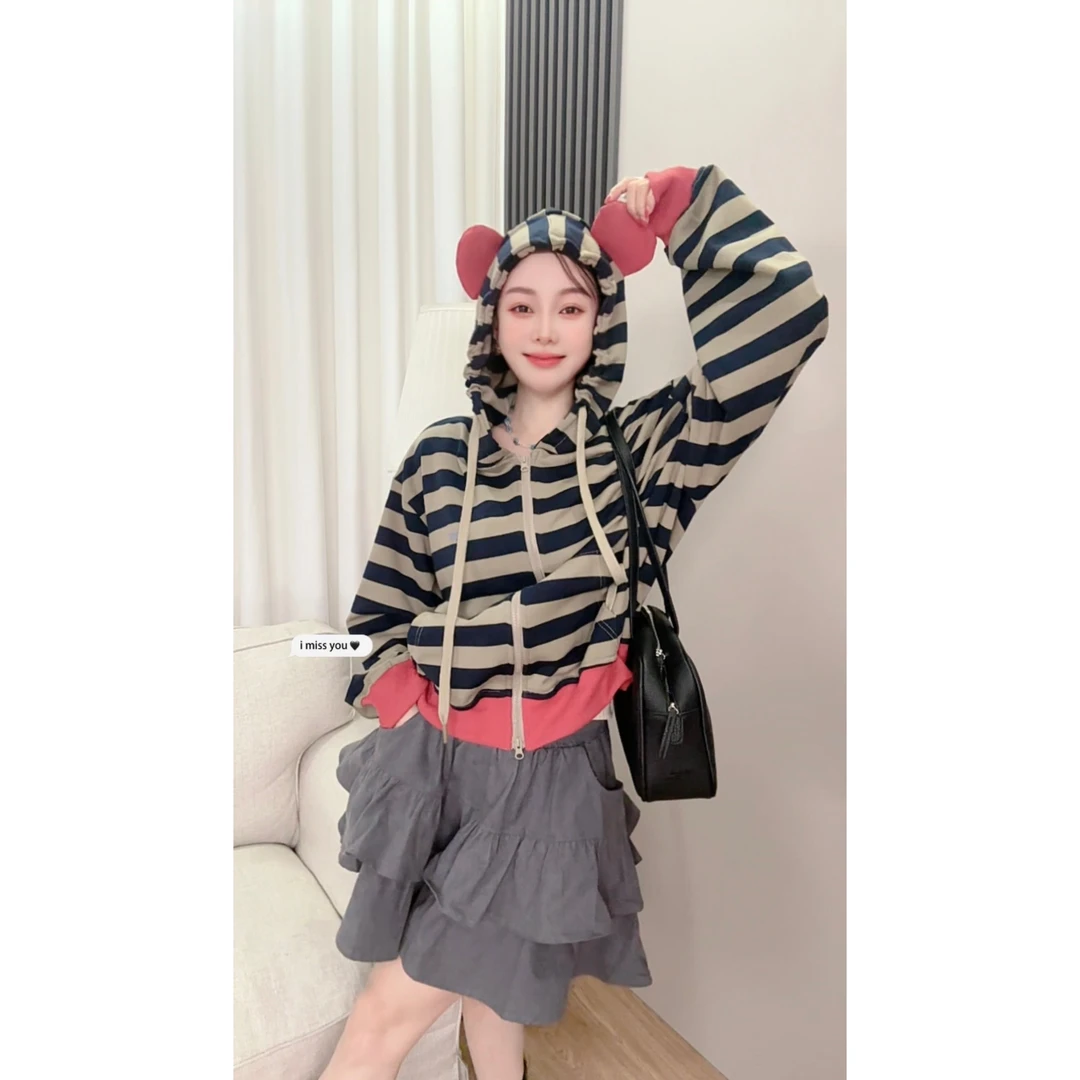 拼色短款女长袖开衫连帽卫衣