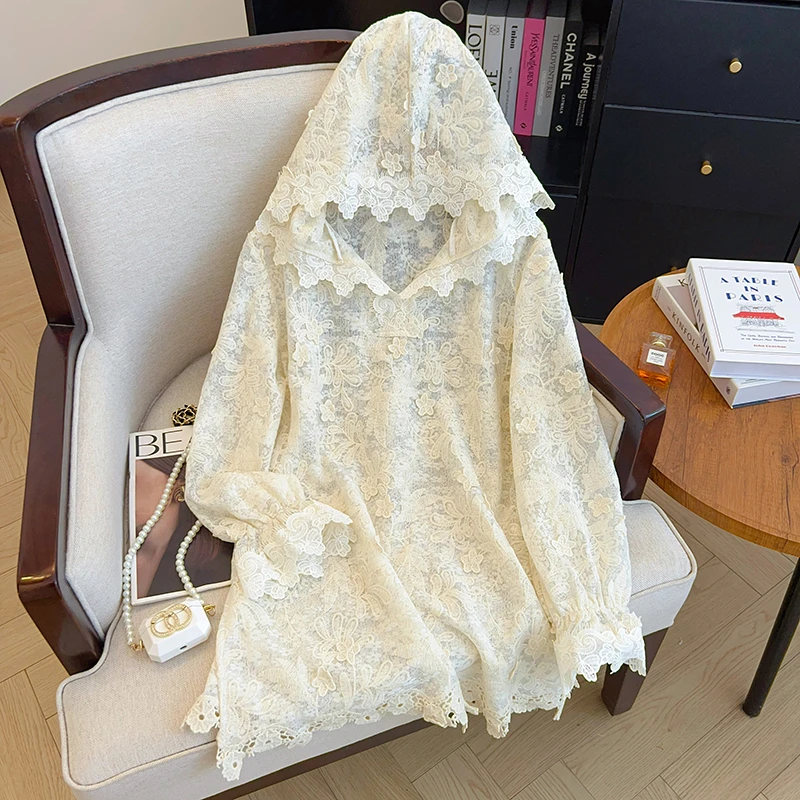 2025春季新款洋气减龄蕾丝衫大码女装微胖妹妹宽松显瘦连帽小衫潮