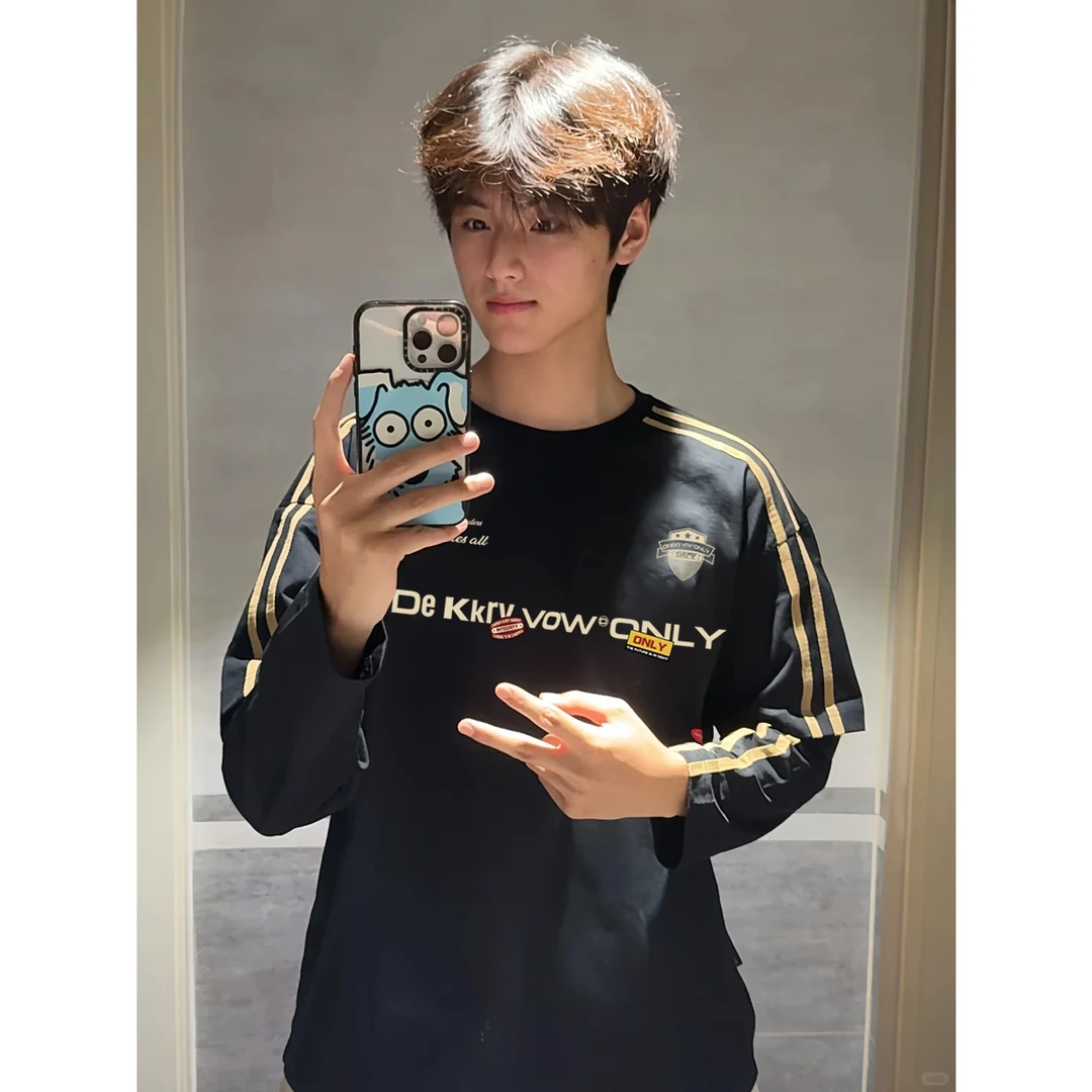 100%纯棉创意ins字母印花条纹假两件长袖t恤男女秋季百搭休闲上衣