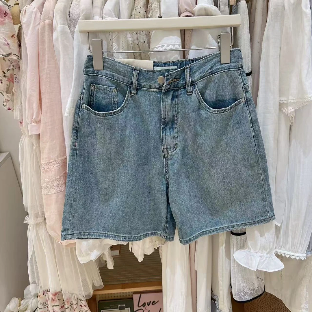 2025韩国东大门sicil夏季通勤松紧裤腰休闲宽松水洗牛仔短裤