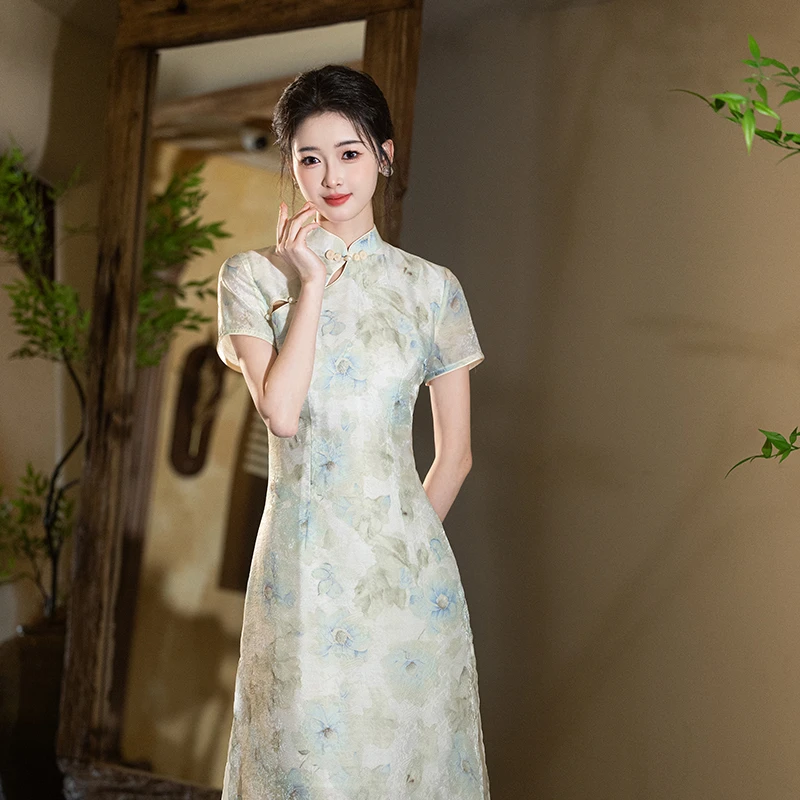 2025新款透气绿色小清新雪纺新中式旗袍女高级感高端气质连衣裙夏