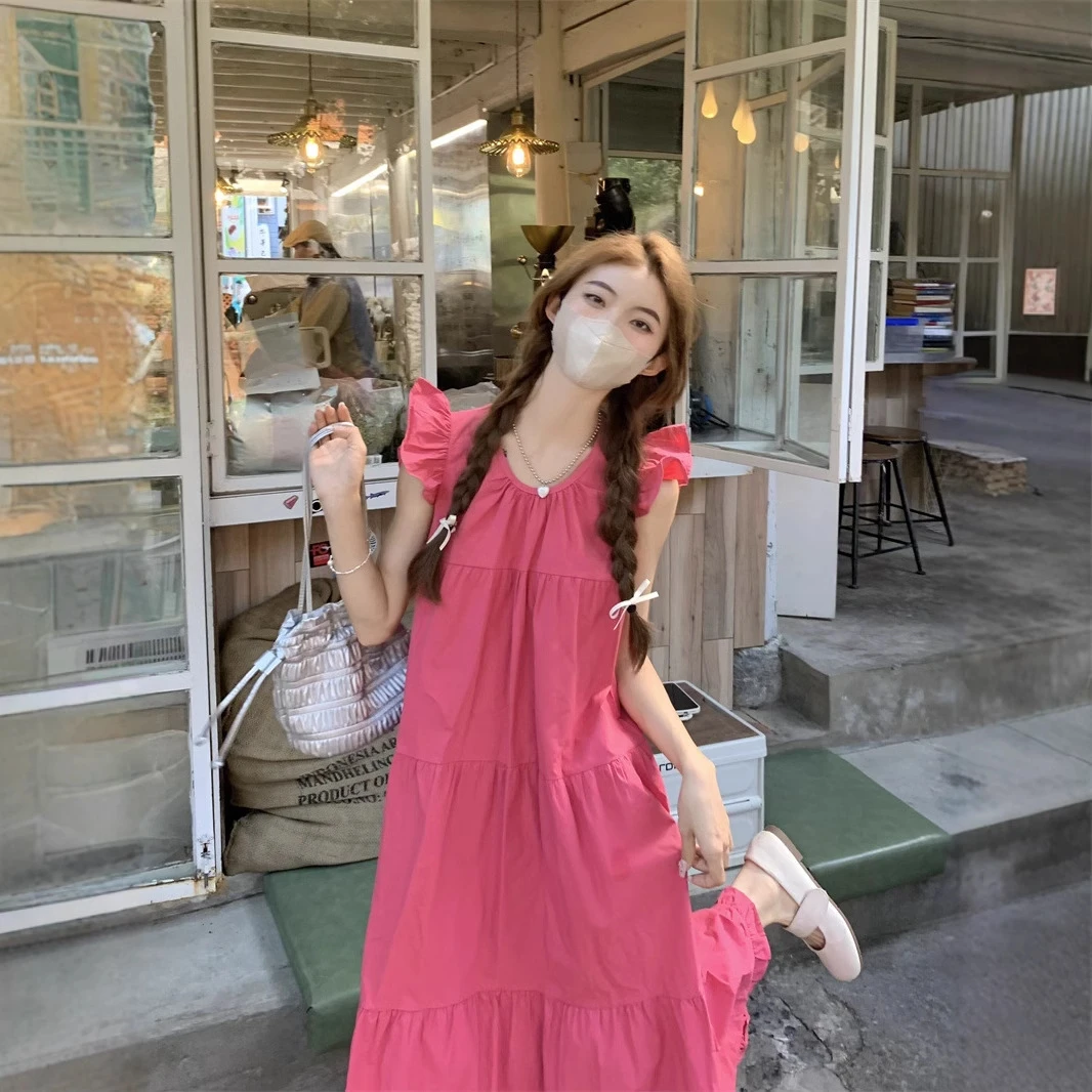 多巴胺玫红色吊带连衣裙女春夏季新款海边度假沙滩长裙小个子显瘦