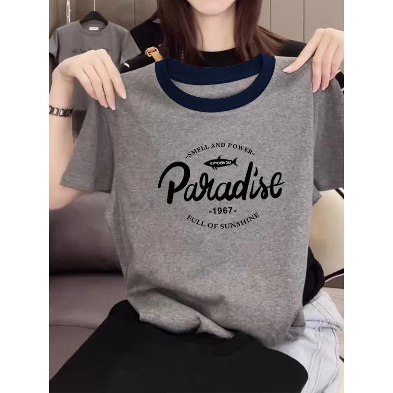 2025新款正肩拼色圆领短袖t恤女ins休闲百搭洋气撞色灰色上衣夏