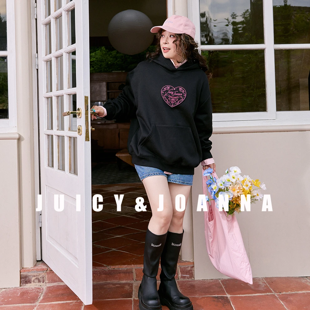 JUICY&JOANNA/橘子樱桃爱心贴布绣连帽加绒卫衣