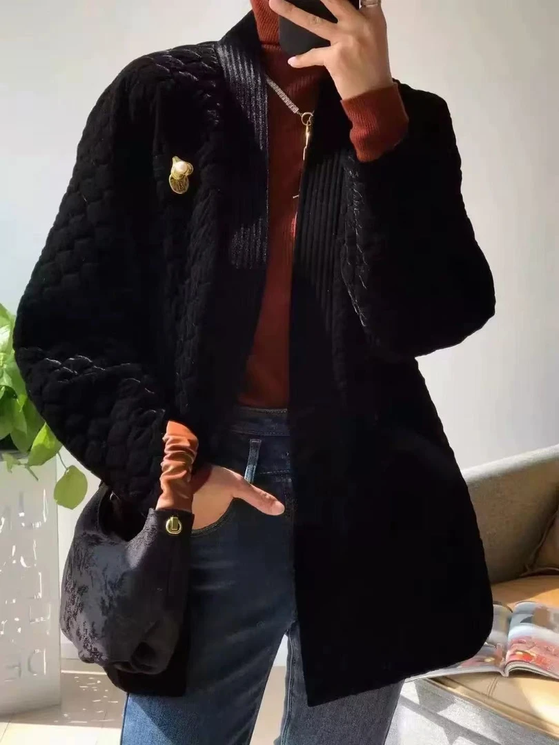 宽松宽松型中长款纯色女棉服棉衣休闲黑色长款女款