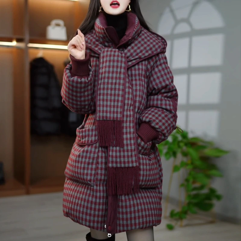 高档格纹时尚羽绒服女冬季2025新款加厚保暖中长款白鸭绒休闲外套