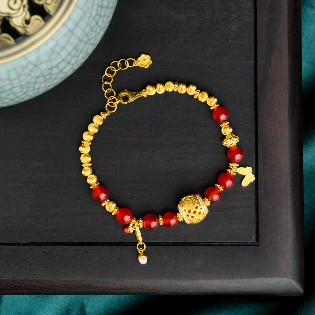 ZOCAI/佐卡伊古法黄金足金赤瑙祈福猫眼足金手串 新年款S04801