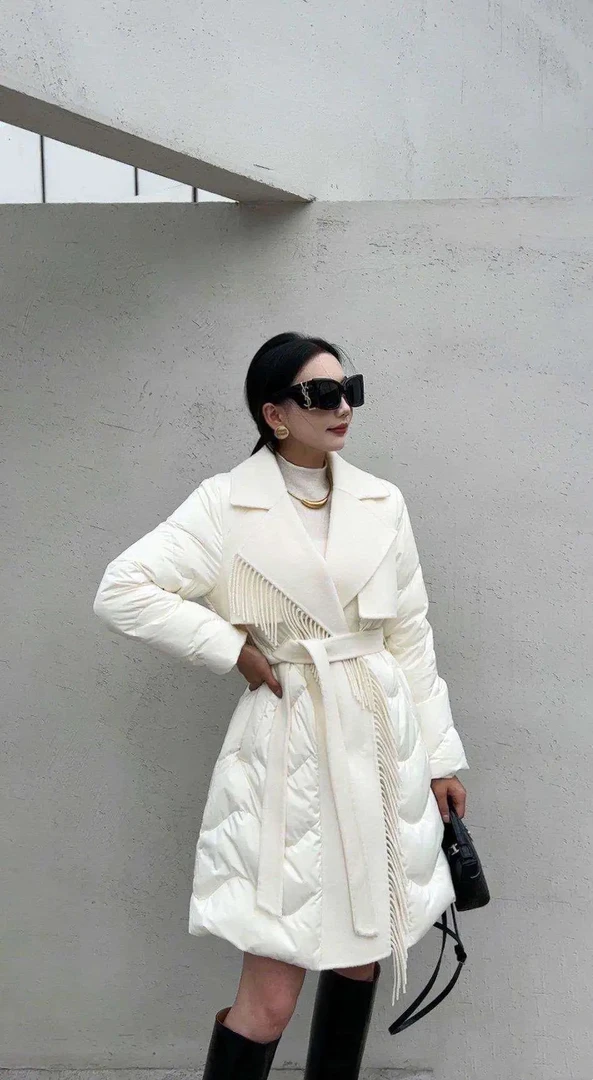 雅尼拉6051流苏双面羊绒拼羽绒服2024冬季新款时尚显瘦洋气羽绒服