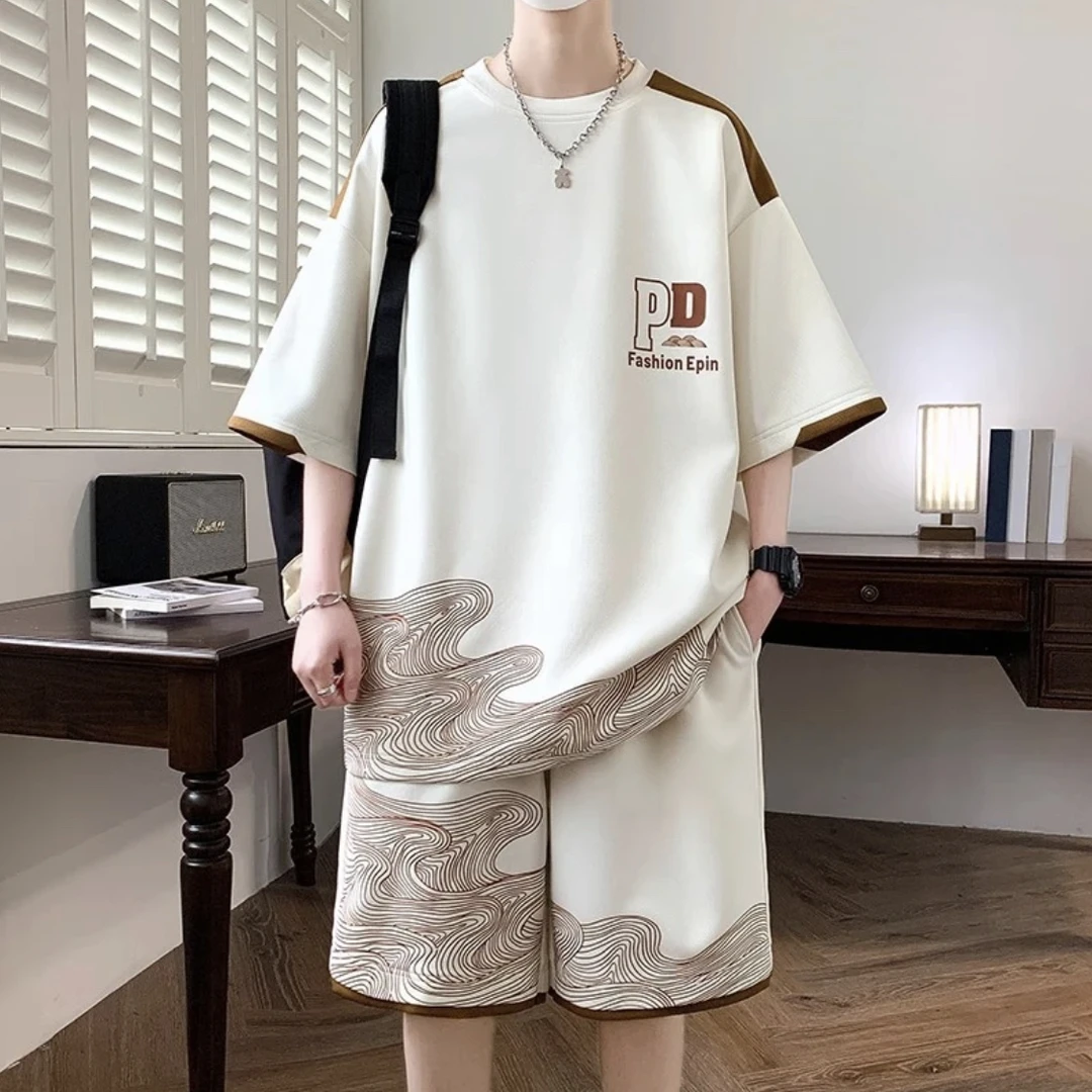 国潮帅气休闲青年两件套装新中式宽松大码短袖短裤学生夏季男透气