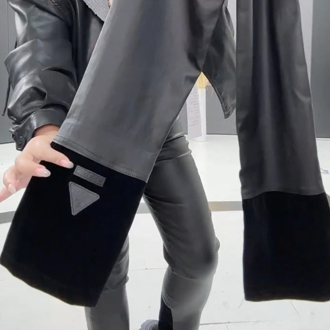 梦梦家6010款高腰高弹女款休闲百搭拼接水洗皮时尚显瘦烟管裤