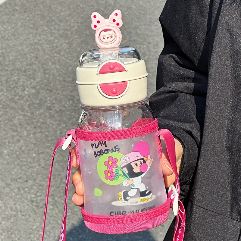 希乐卡通水杯可爱高颜值新款女生大容量双饮塑料杯便携斜跨水壶男