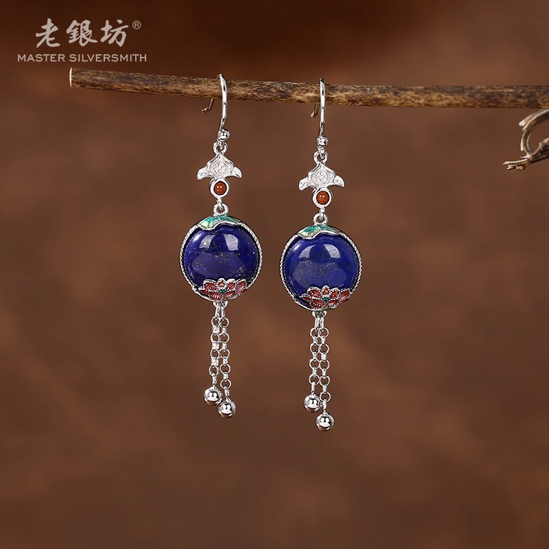 【老银坊】s925银青金石荷叶莲双珠耳坠 0014645