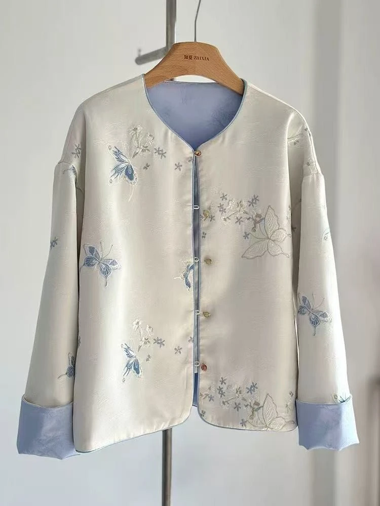 新中式国风刺绣双面穿外套女时尚气质百搭复古显瘦圆领上衣潮流