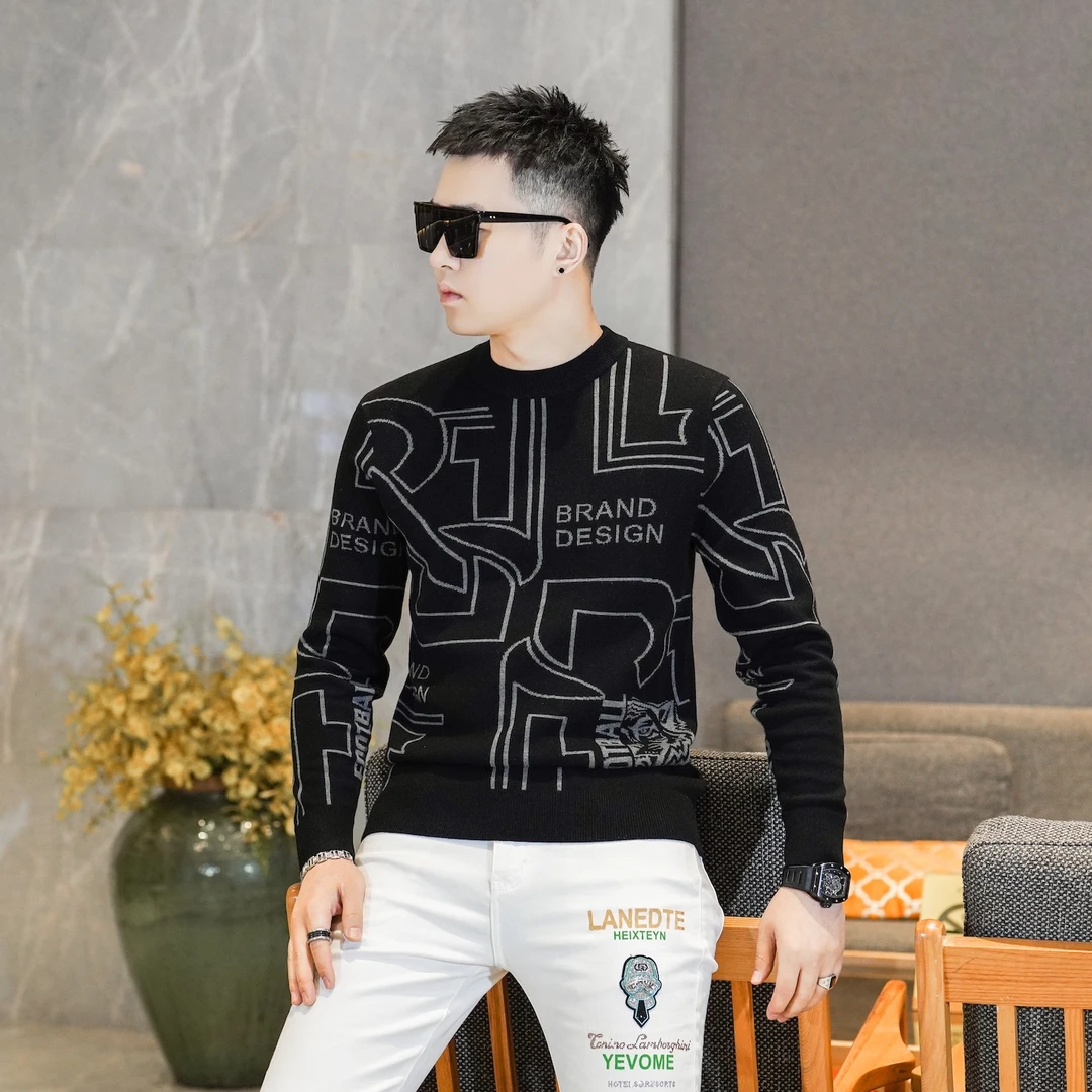 高端字母印花山羊绒混纺针织衫男士修身毛衣复古黑色长袖25Y28005