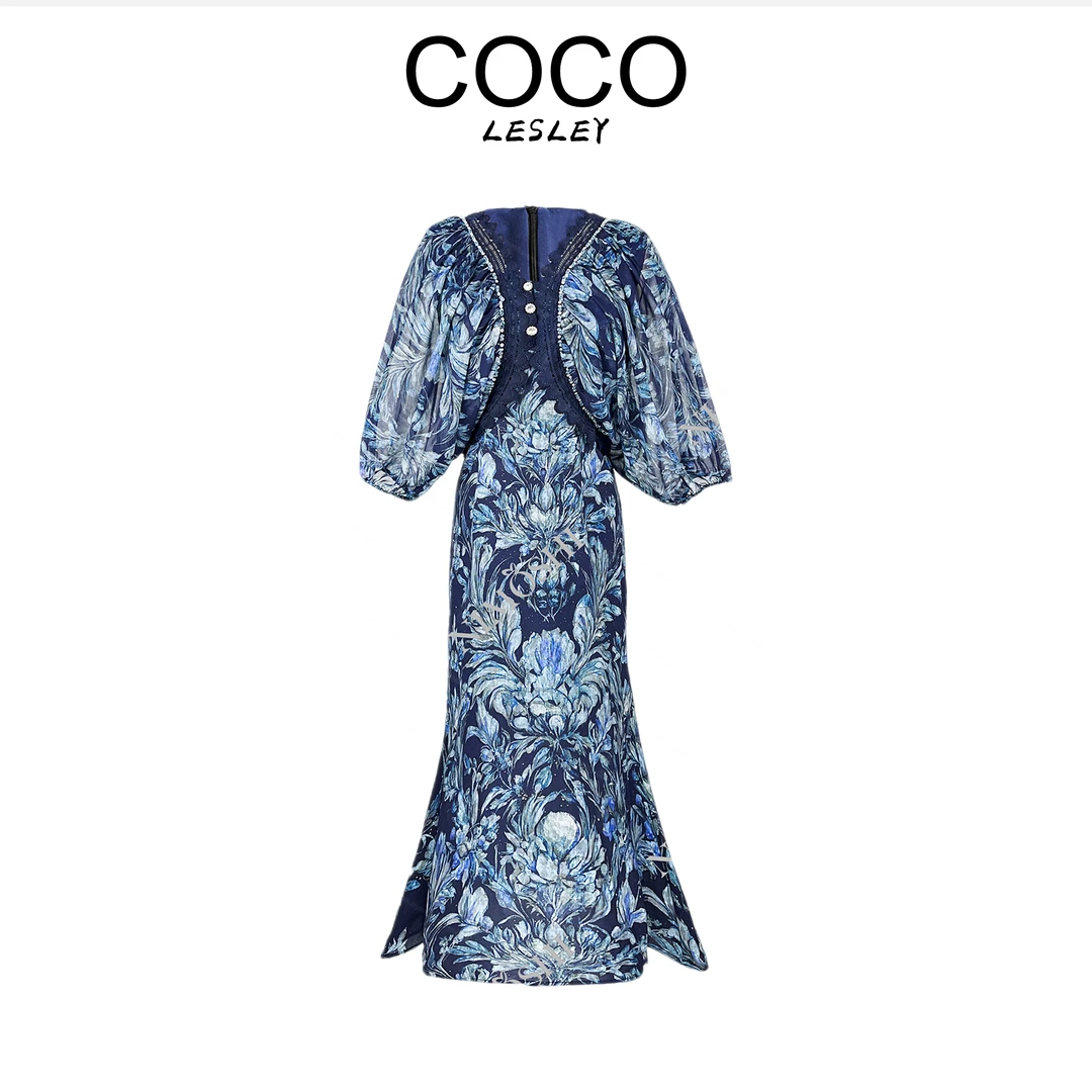 【COCO LESLEY】新款法式高级印花V领气质夏季高腰显瘦连衣裙Q1992