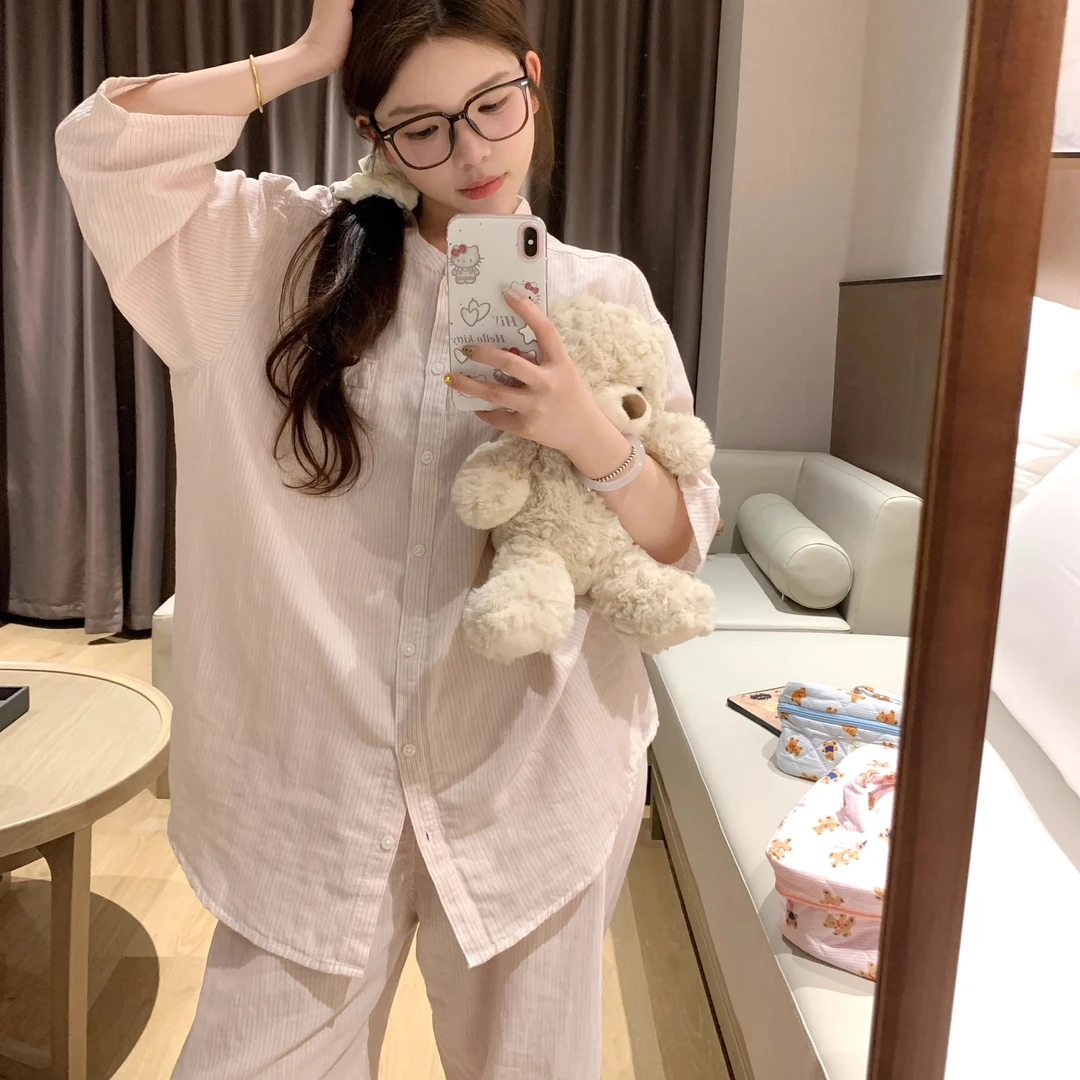 2025春秋季新款睡衣女款云朵棉可外出淡粉色日系条纹家居服套装