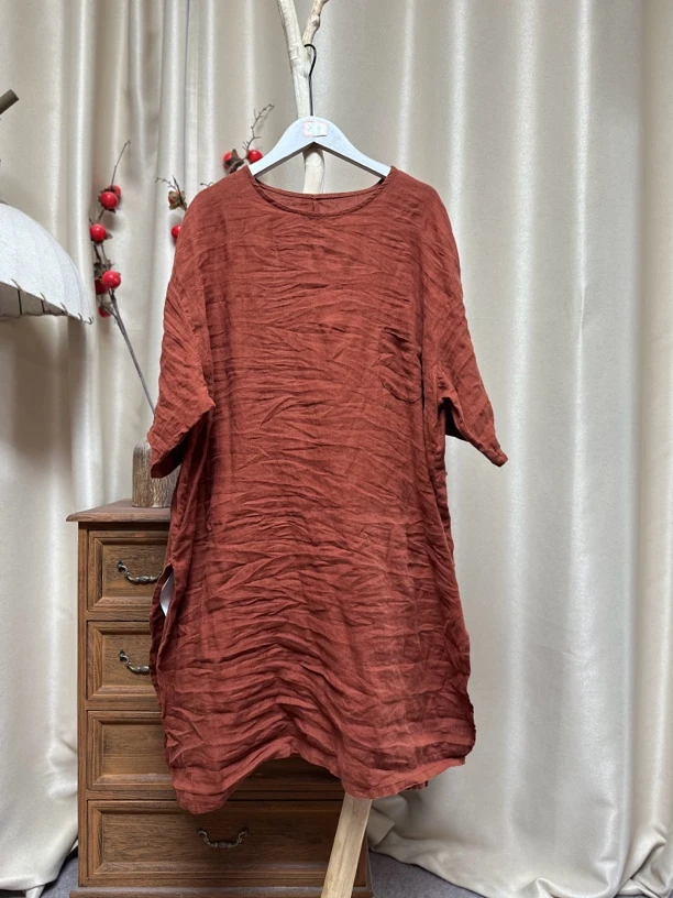 801亚麻圆领套头百搭连衣裙袍子（衣长95胸围134）