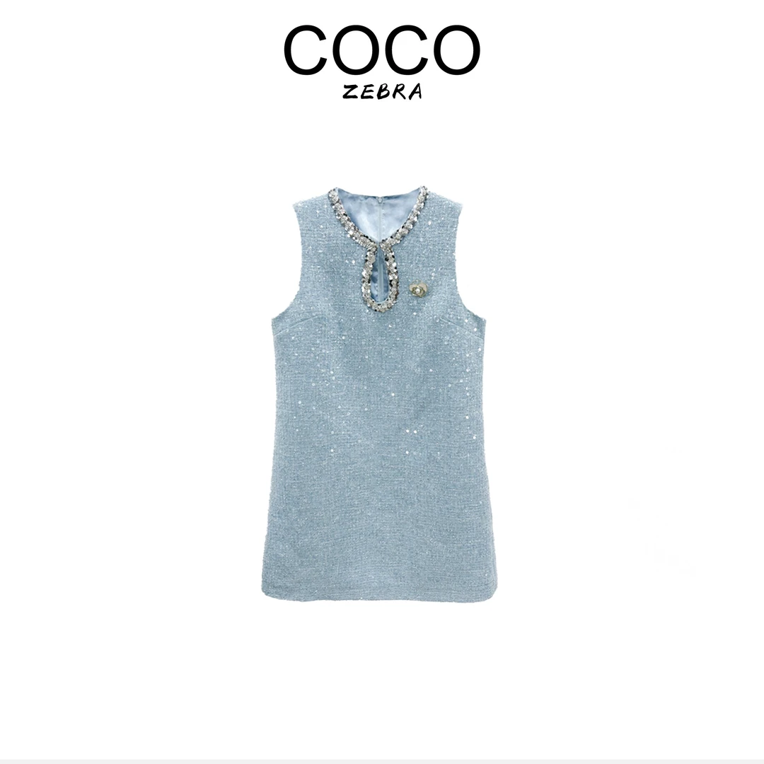 【COCO LESLEY】春季法式名媛小香风圆领亮片镂空无袖连衣裙1342