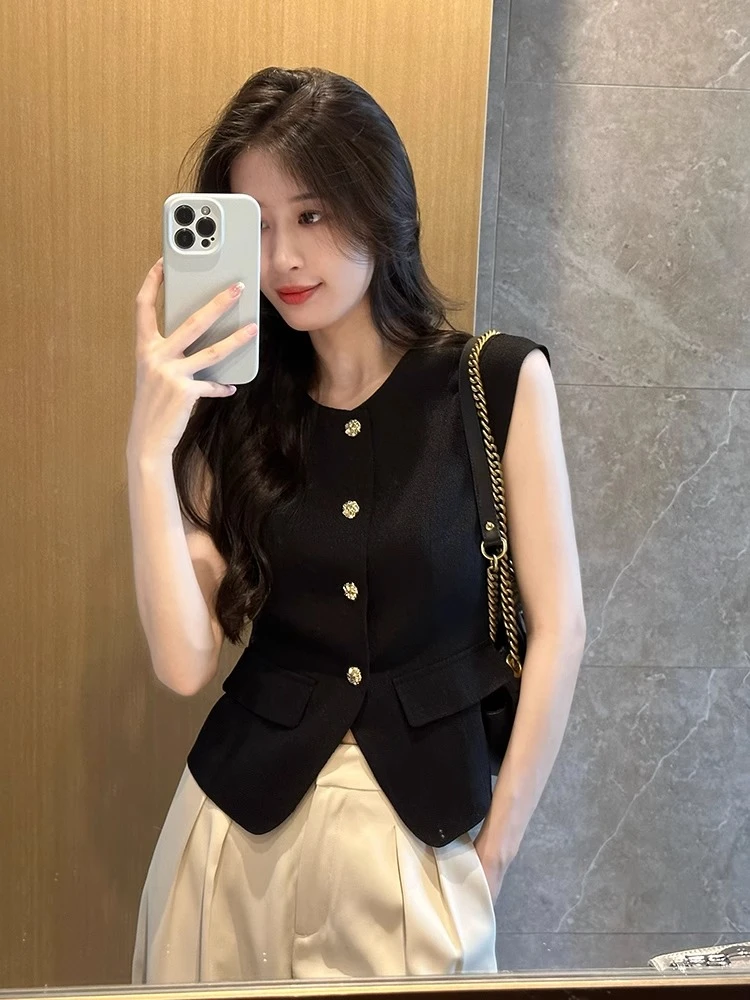 推荐现货！！今年薄款小马夹夏季小香风百搭外穿黑色西装马甲女