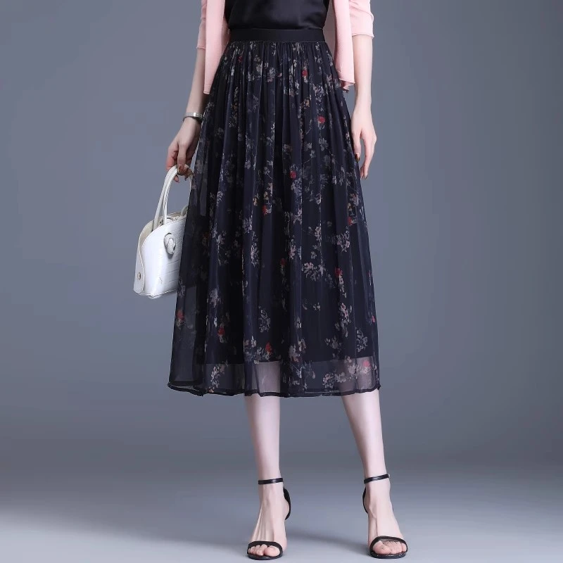 黑色碎花纱裙半身裙女松紧高腰夏季新款遮跨显瘦中长大摆a字裙子