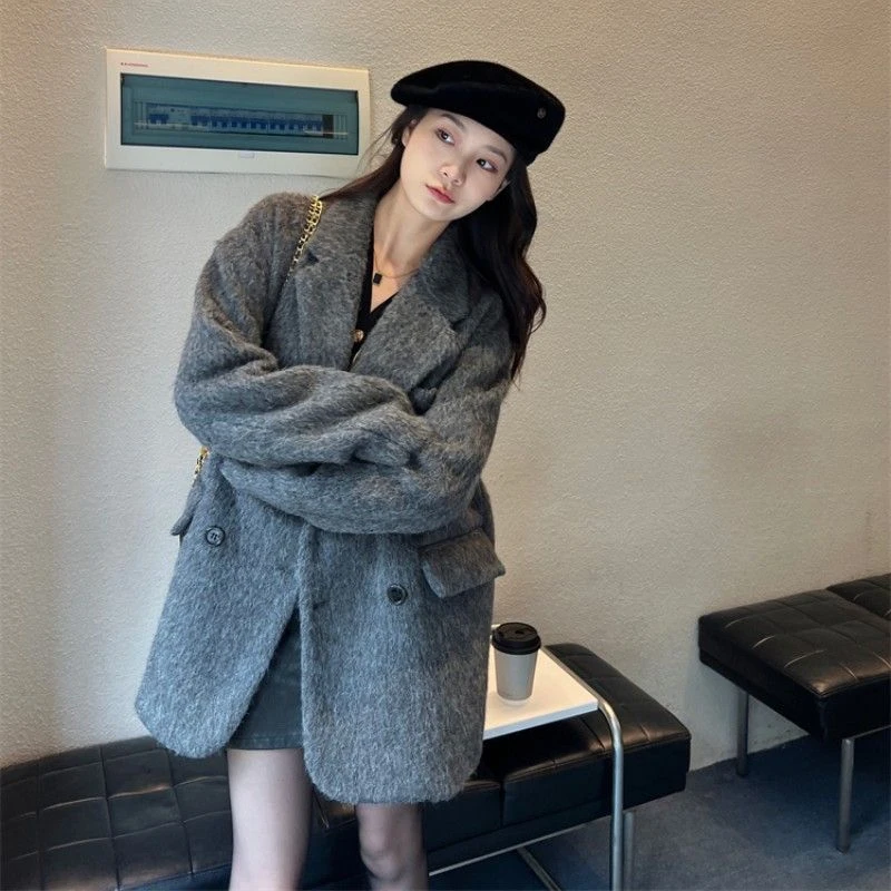 灰色西装呢子大衣女秋冬新款简约韩版短款绒外套