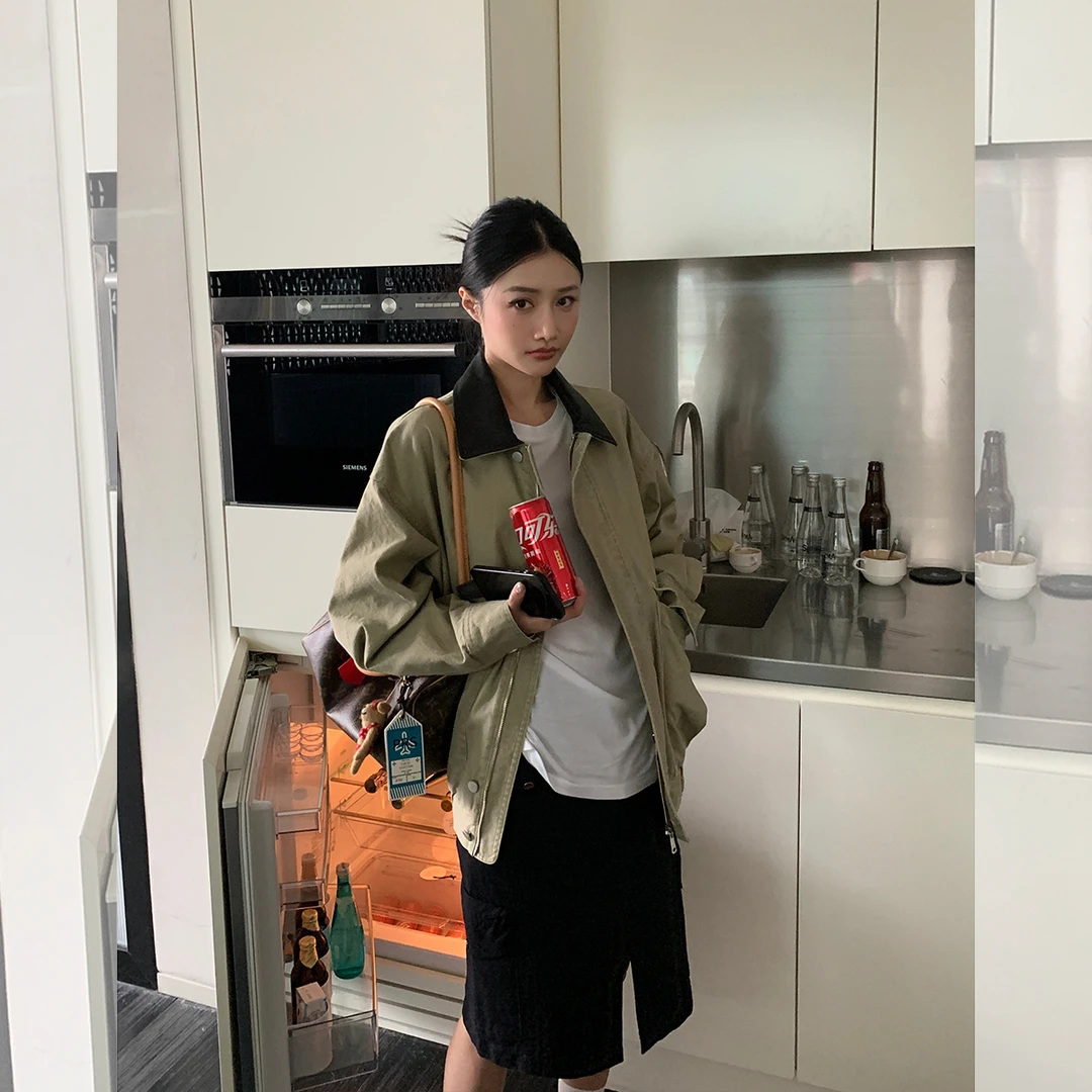 左边女装水洗棉复古上衣2025春季新款拼色翻领夹克外套