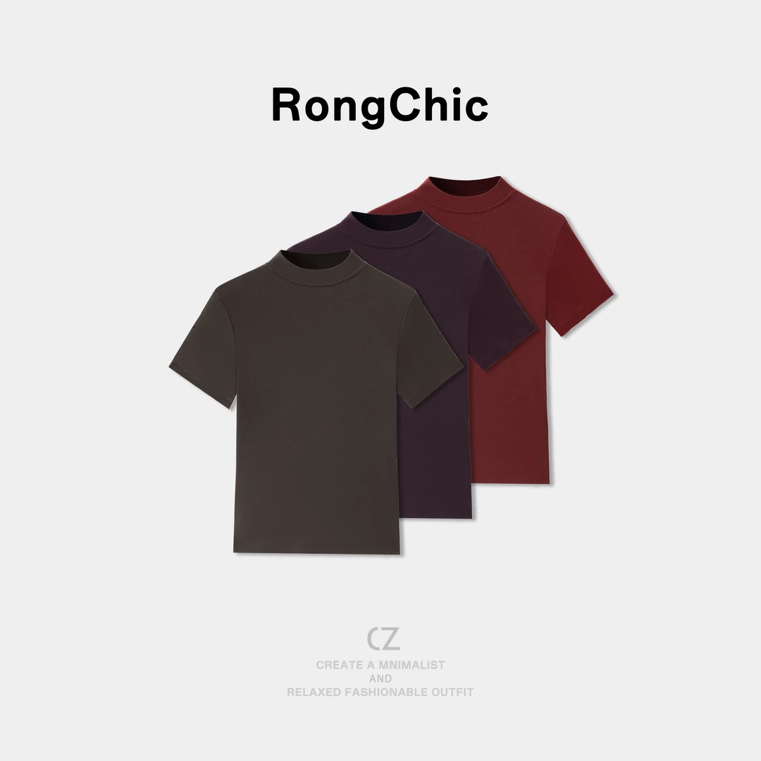 【百搭王】半高领面膜T早秋新款2025短袖弹力气质显瘦简约上衣女