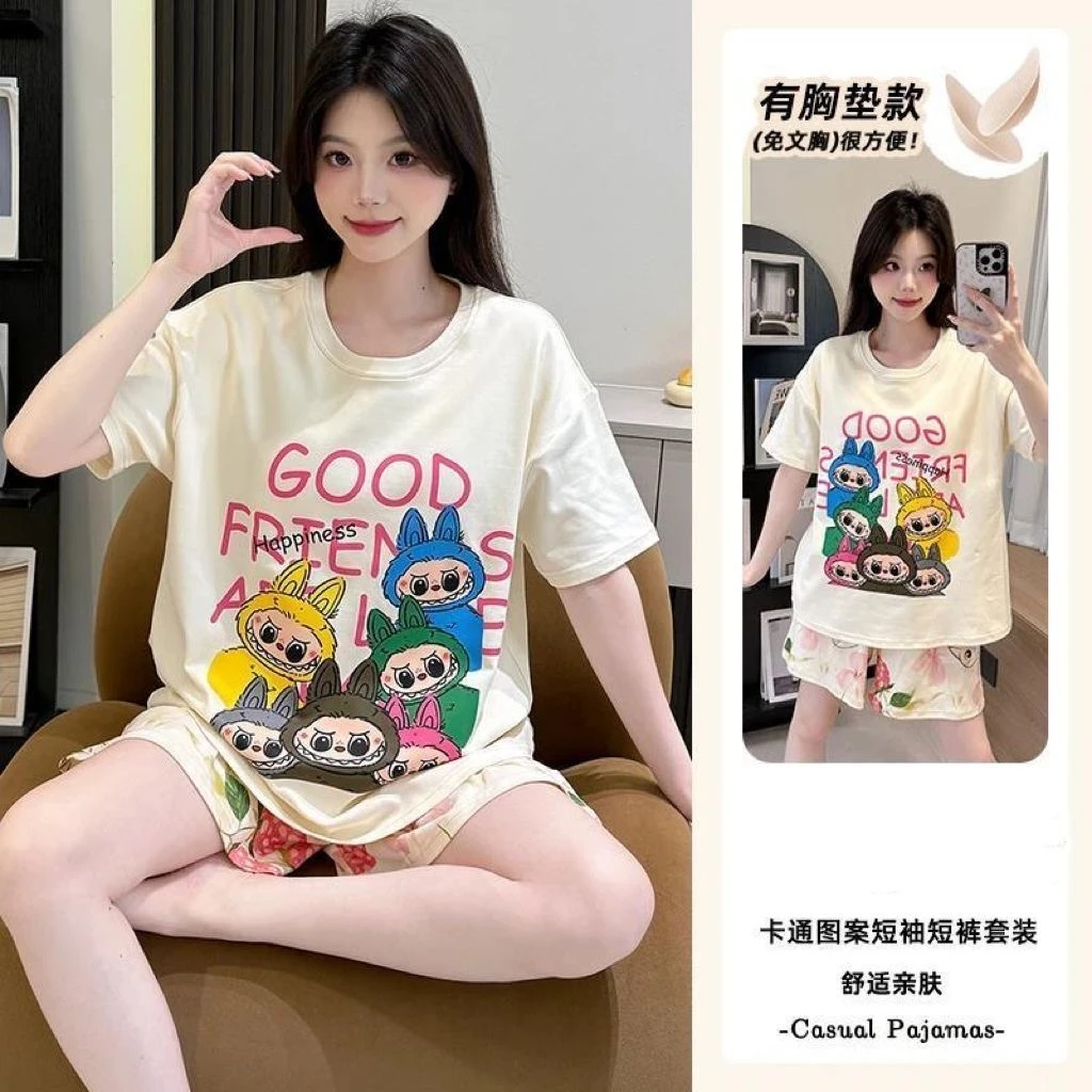 睡衣女夏季薄款日系卡通夏天家居服套装1439