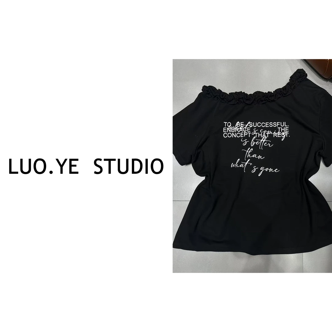 罗爷 · 【清欢】欧货花边字母斜肩T恤设计感斜肩针织收腰小衫